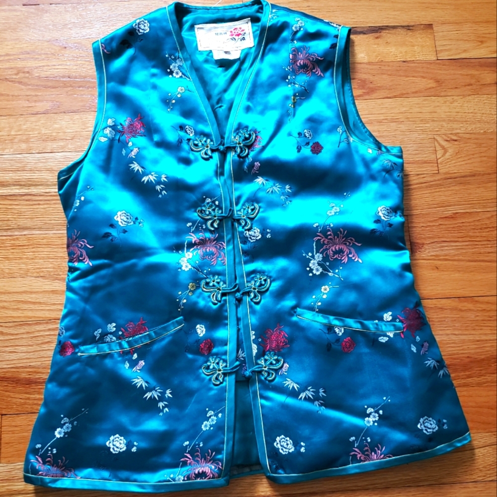 Vintage Peony Brand Shanghai Turquoise Multi Brocade Mandarin Collar Top Size 38